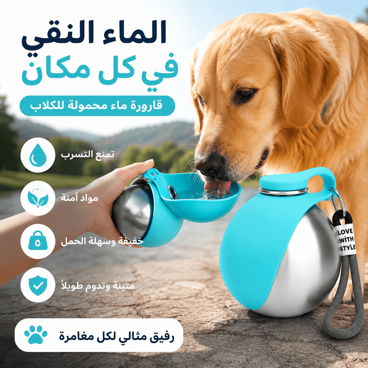 موزع مياه للكلاب مصنوع من الفولاذ المقاوم للصدأ مع وعاء سيليكون قابل للطي