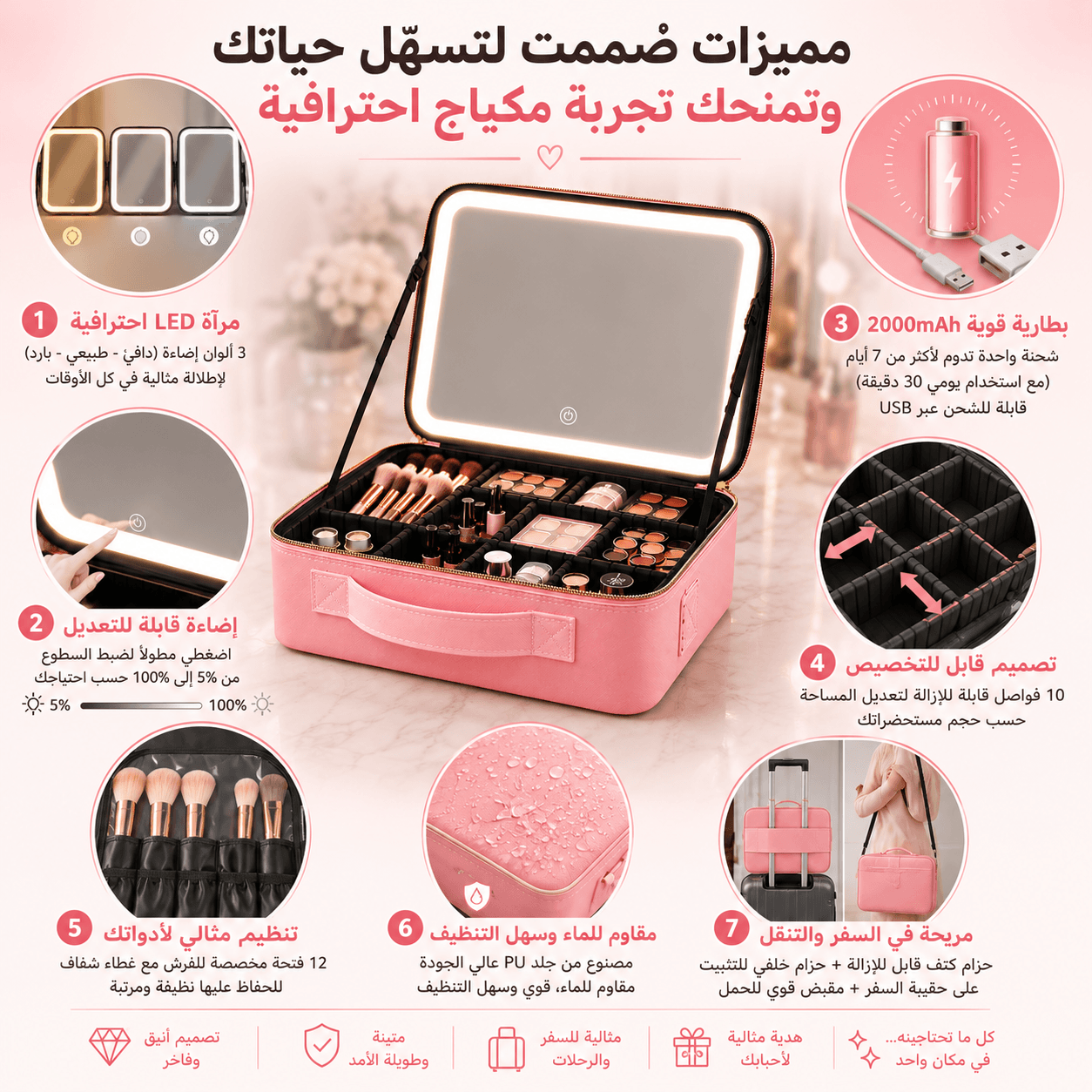 شنطة مكياج احترافية مع مرآة LED مضيئة وفواصل قابلة للتعديل